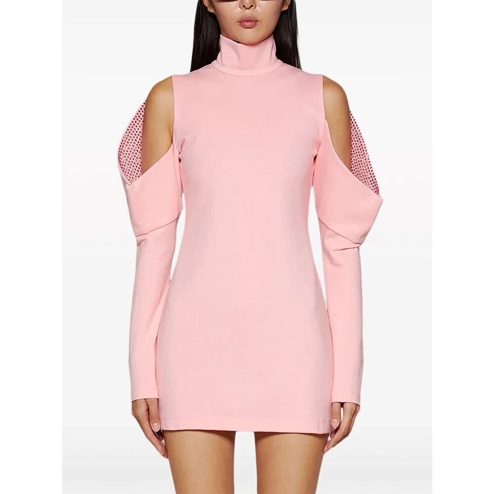 AREA Cutout Crystal Embellished Cold-Shoulder Mini Dress Pink Size Small